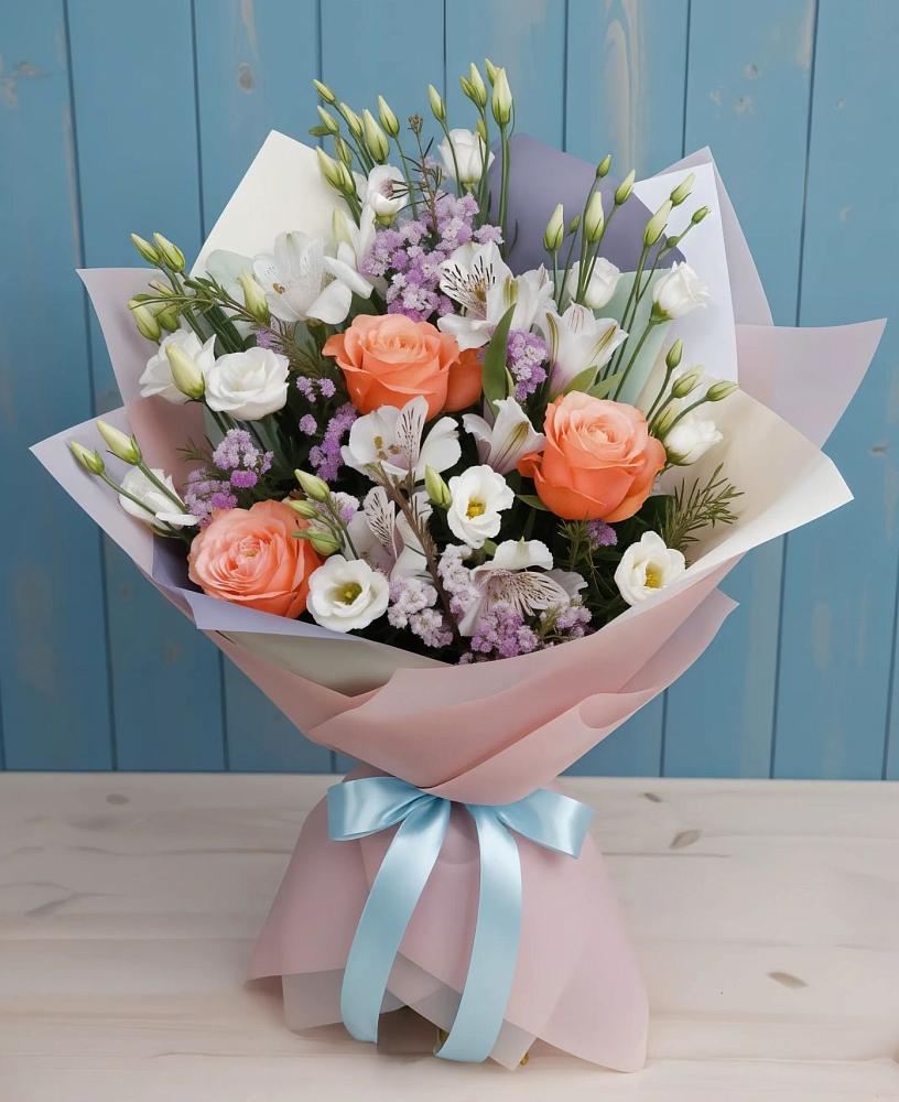 Букет цветов из: Лизиантусы, Розы, Альстромерии и Гипсофила в Заводоуковске