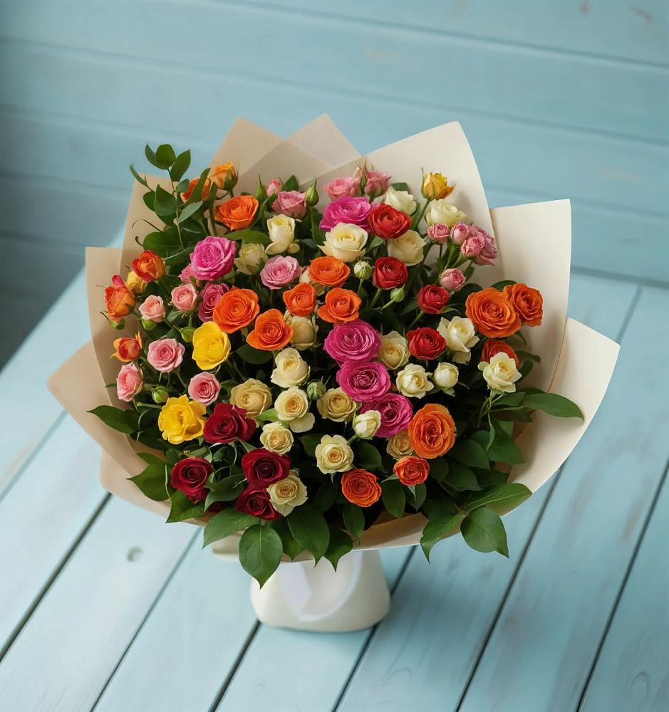 Букет Микс из разноцветных кустовых роз в Заводоуковске